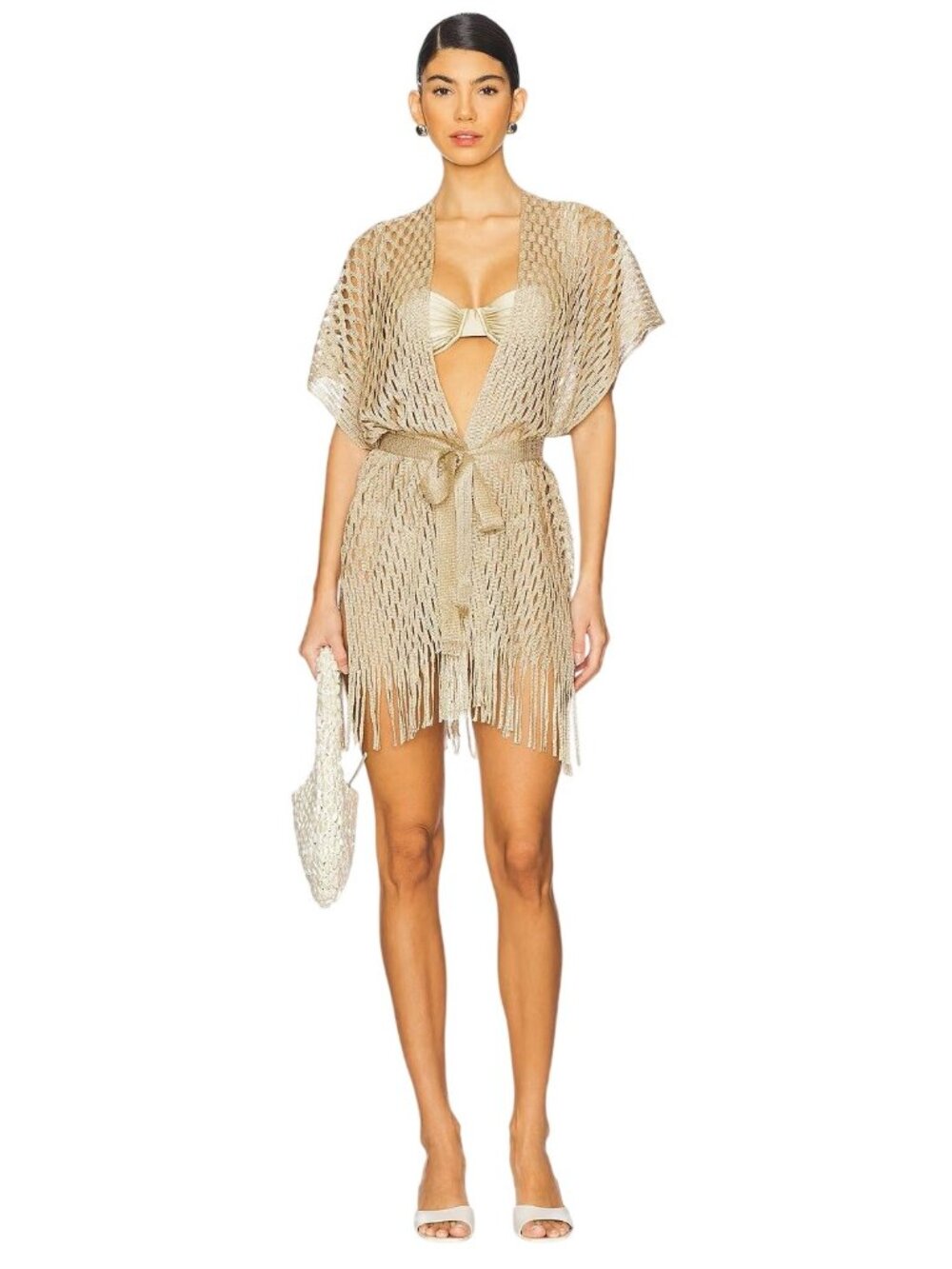 Luli Fama Short Caftan in Gold One Size Womens Swim Coverup as-is
